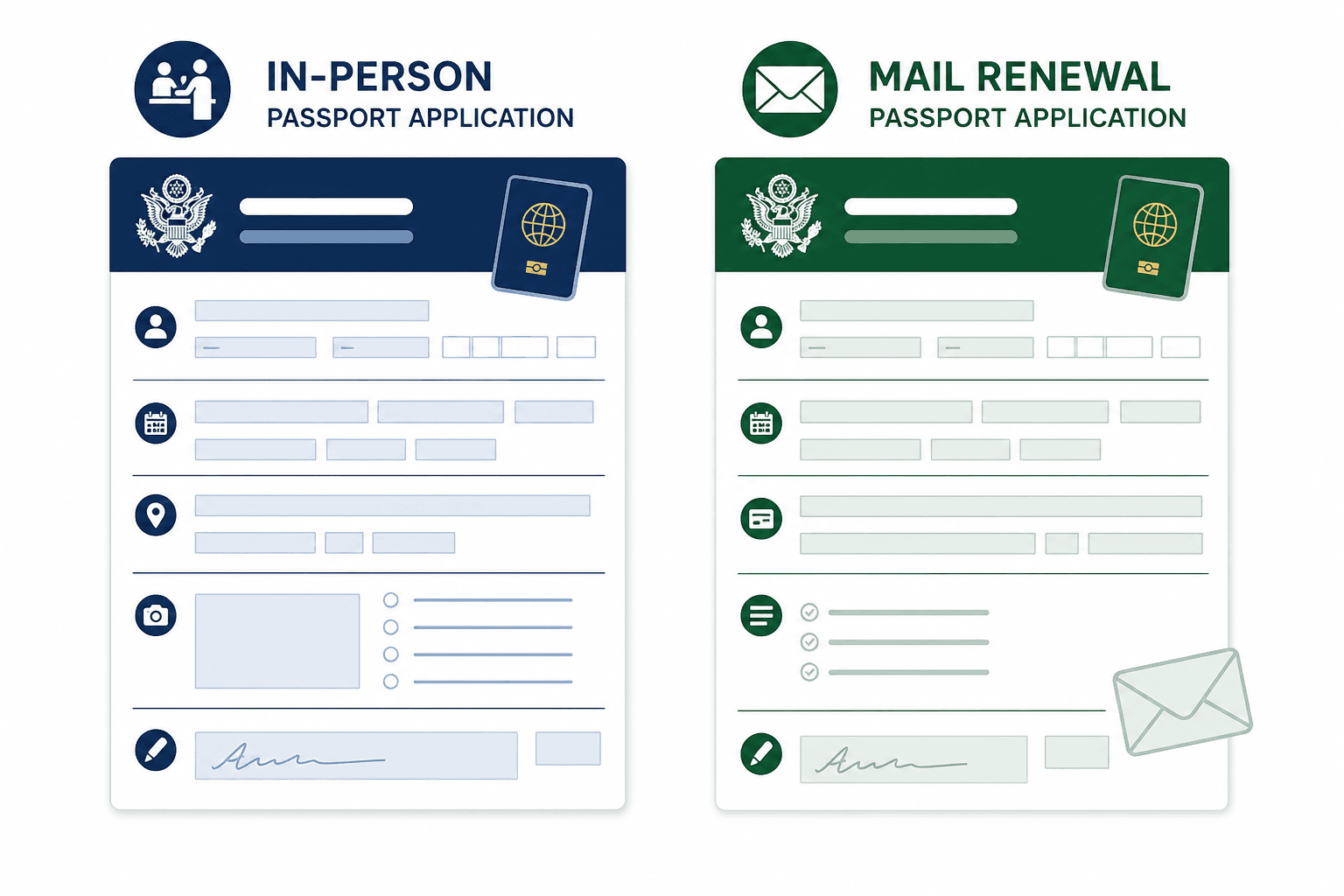 Side-by-side comparison of U.S. passport Form DS-11 and Form DS-82 application packets